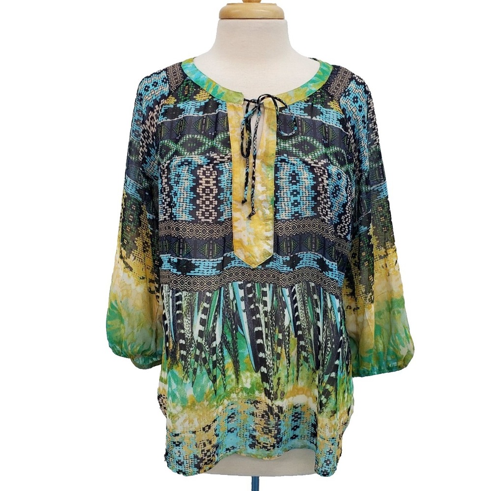 Fig And Flower Womens 3/4 Sleeve Peasant Tunic Sheer Boho Top Blouse Size Large